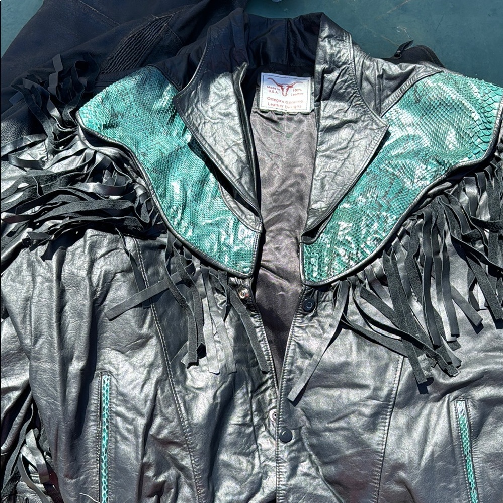 Black and Teal Leather Fringe Jacket